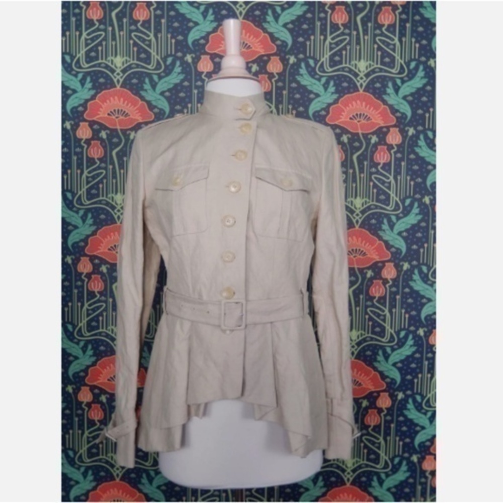 Pauw Amsterdam Beige Cotton Linen Blend Nehru Collar Safari Blazer Jacket 2/S/M